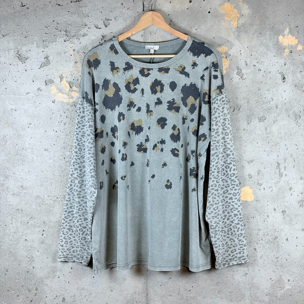 Easel Oversized Top Womens Large Gray Cotton Leopard Print Streetwear ET15587